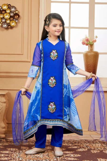 Navy Blue Printed  A Line Kurta Sharara Dupatta - Image 2