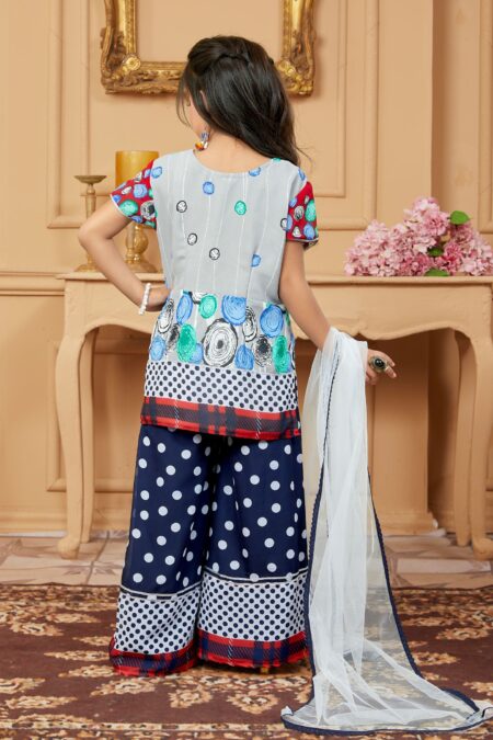 Gray Georgette Polka Dot Print  Straight Kurta Sharara Dupatta - Image 4