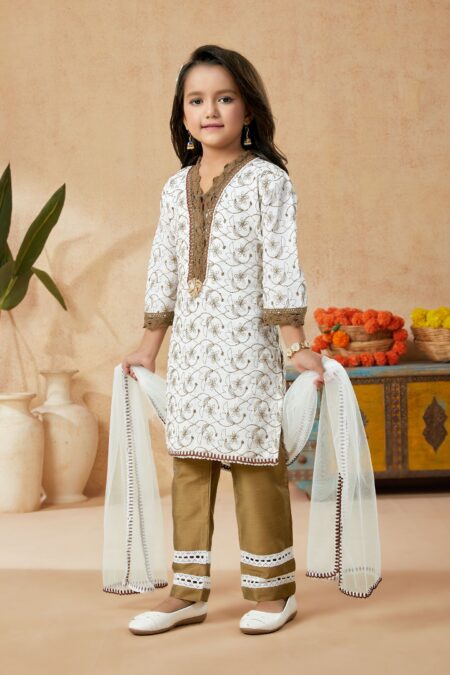 Off White Cotton Straight Kurta Pants Dupatta - Image 2