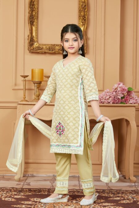 Beige Handloom Silk Straight Kurta Pants Dupatta - Image 2