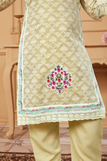 Beige Handloom Silk Straight Kurta Pants Dupatta - Image 5