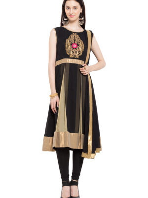 Nikhaar Creations Black Embroidered Kalidar Kurta Churidar Dupatta