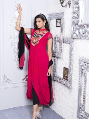 Nikhaar Pink Embroidered Georgette Stitched Trouser Kurta Dupatta Readymade Suits