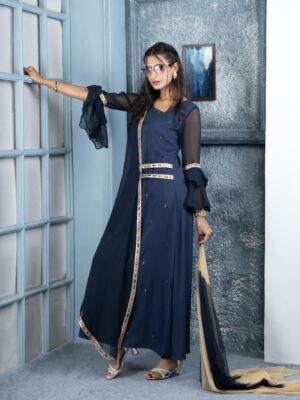 Nikhaar Navy Blue Embroidered Georgette Stitched Trouser Kurta Dupatta Readymade Suits