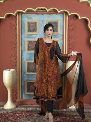 Nikhaar Rust Embroidered Georgette Stitched Trouser Kurta Dupatta Readymade Suits
