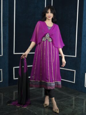 Nikhaar Magenta Embroidered Georgette Stitched Anarkali Trouser Kurta Dupatta Readymade Suits