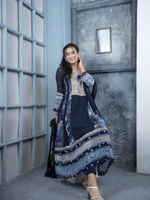 Nikhaar Navy Blue Embroidered Georgette Stitched Anarkali Trouser Kurta Dupatta Readymade Suits
