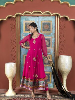 Nikhaar Pink Embroidered Georgette Stitched Palazzo Kurta Dupatta Readymade Suits