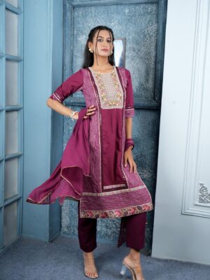 Nikhaar Maroon Embroidered Silk Stitched Trouser Kurta Dupatta Readymade Suits