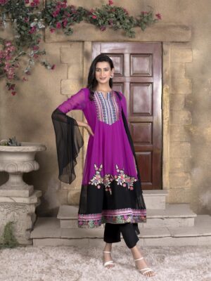 Nikhaar Magenta Embroidered Georgette Stitched Trouser Kurta Dupatta Readymade Suits