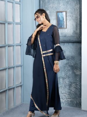 Nikhaar Navy Blue Embroidered Georgette Asymmetrical Kurta Pants Set
