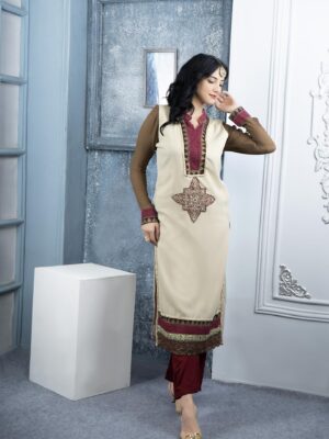 Nikhaar Beige Embroidered Georgette Straight Cut Kurta Palazzo Set