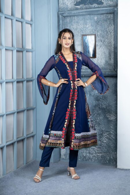 Nikhaar Blue Embroidered Georgette Anarkali Kurta