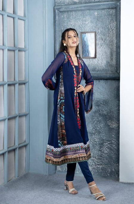 Nikhaar Blue Embroidered Georgette Anarkali Kurta - Image 2