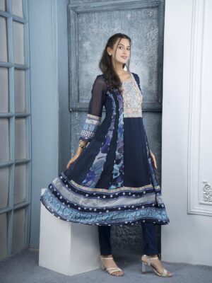 Nikhaar Navy Blue Embroidered Georgette Anarkali Kurta Pants Set
