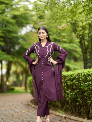 Nikhaar Violet Hand Embroidery Art Silk Stitched Straight Cut Trouser Kurta Dupatta Readymade Suits