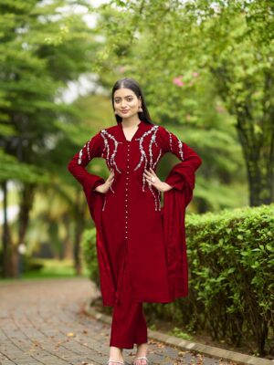 Nikhaar Maroom Hand Embroidery Art Silk Stitched Straight Cut Trouser Kurta Dupatta Readymade Suits