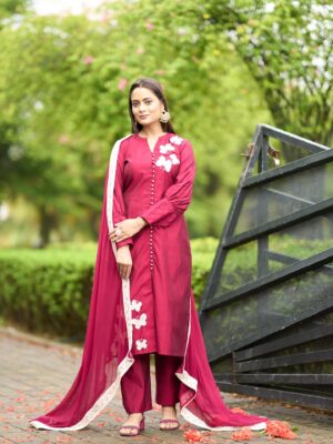 Nikhaar Pink Hand Embroidery Art Silk Stitched Straight Cut Trouser Kurta Dupatta Readymade Suits (Copy)