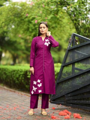 Nikhaar Dark Pink Hand Embroidery Art Silk Stitched Straight Cut Trouser Kurta Dupatta Readymade Suits