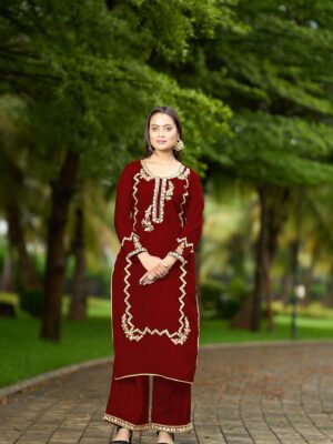 Nikhaar Maroon Hand Embroidery Art Silk Stitched Straight Cut Palazzo Kurta Dupatta Readymade Suits