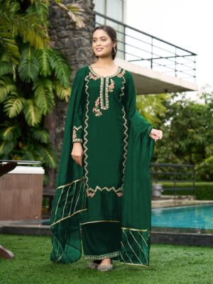 Nikhaar Green Hand Embroidery Art Silk Stitched Straight Cut Palazzo Kurta Dupatta Readymade Suits