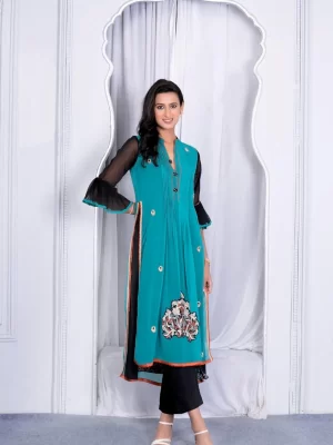 Nikhaar Green Embroidered Georgette Straight Cut Kurta
