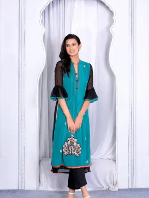 Nikhaar Creations Green Embroidered Georgette Anarkali Kurta Pants Set