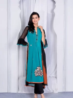 Nikhaar Green Embroidered Georgette Stitched Straight Cut Trouser Kurta Dupatta Readymade Suits