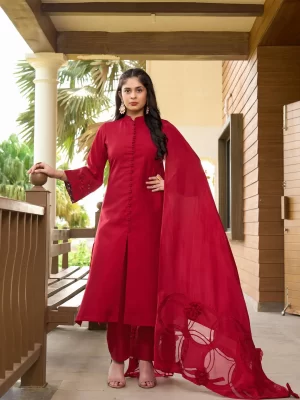 Nikhaar Maroon Embroidered Georgette A Line Kurta Pants Dupatta