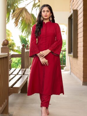 Nikhaar Maroon Embroidered Georgette A Line Kurta