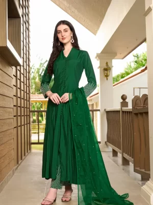 Nikhaar Green Embroidered Art Silk Straight Cut Kurta Pants Dupatta